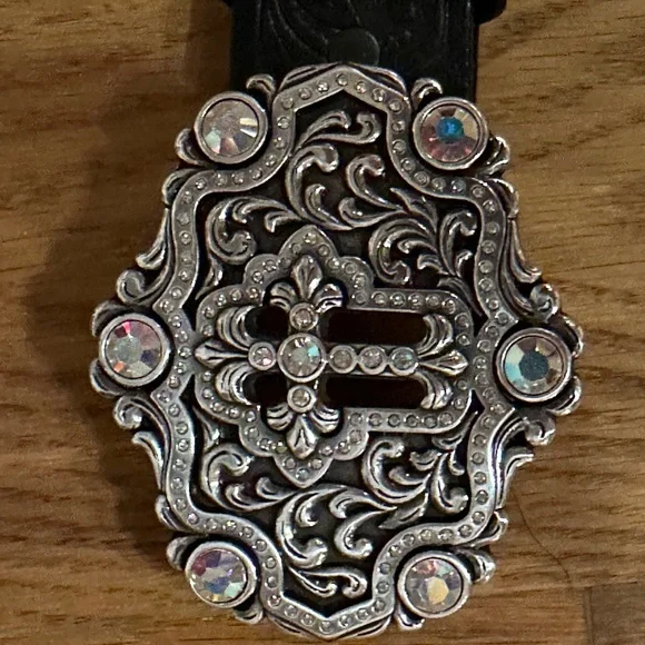 Tony Lama Swarovski Crystal Concho Cross Black Tooled Leather Belt Sz. 36